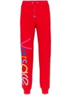 Versace Logo Embroidered Cotton Track Pants In Red