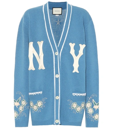 Gucci Ny Yankees Mlb V-neck Wool Cardigan With Flower Appliques In Light Blue Wool
