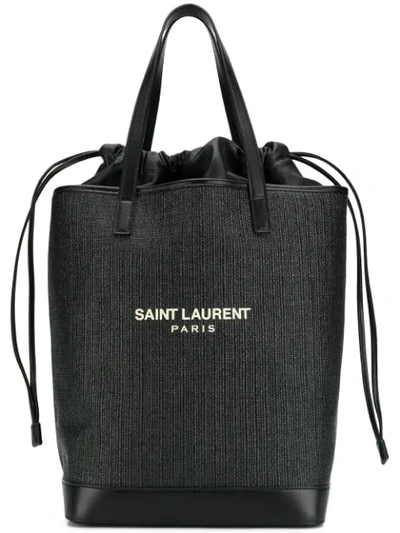 Saint Laurent Teddy Leather-trimmed Printed Raffia Tote In Black