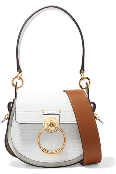Chloé Tess Small Croc-effect Leather And Suede Shoulder Bag In White