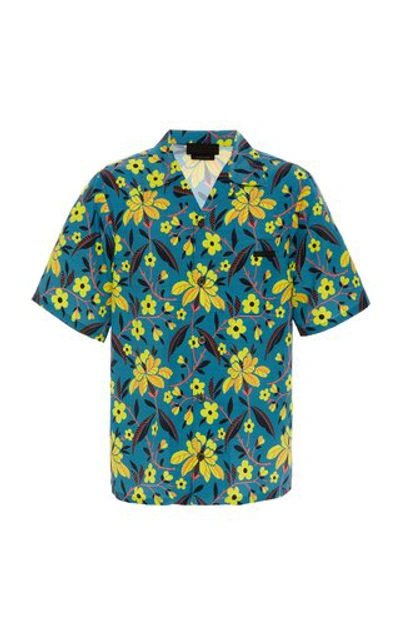 Prada Stripe And Floral-print Short-sleeved Satin Shirt In Light Blue