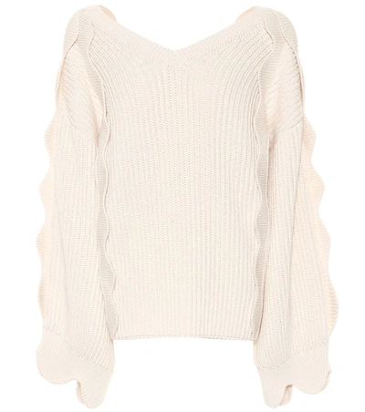 Stella Mccartney Scalloped Ribbed Cotton And Wool-blend Sweater In White