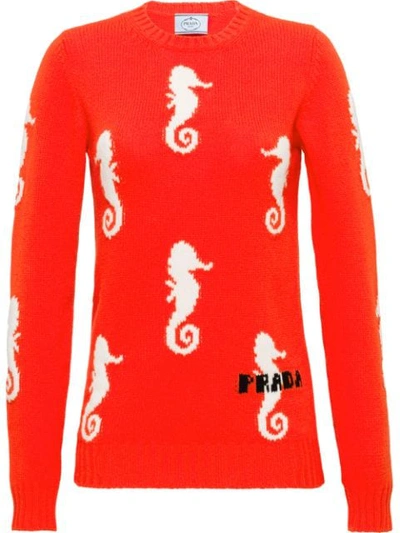 Prada Seahorse-intarsia Wool-blend Sweater In Orange