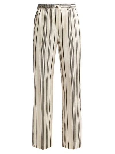 Jil Sander Embroidered Striped Grain De Poudre Silk Wide-leg Pants In White