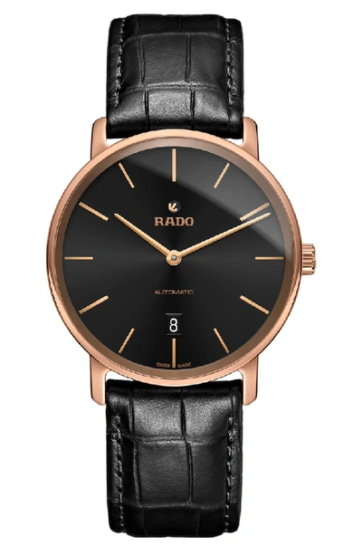 Rado Diamaster Automatic Leather Strap Watch, 41mm In Black/ Black/ Rose Gold