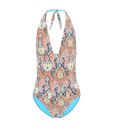 Etro Printed Plunging One-piece Halter Swimsuit In Multicoloured