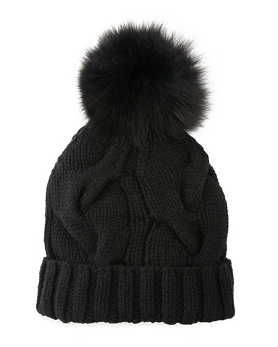 Loro Piana Cashmere Chunky Knit Beanie Hat W/ Fur Pompom In Black