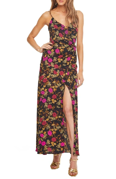 Astr Valentina Floral Print Faux-wrap Maxi Dress In Black/fuschia Floral