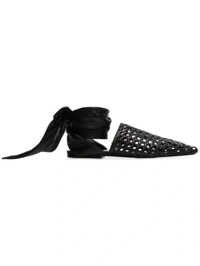 Jil Sander Flat Woven Leather Ankle Tie Pumps In Black