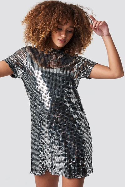 Na-kd Short Sleeve Open Back Sequins Dress - Silver