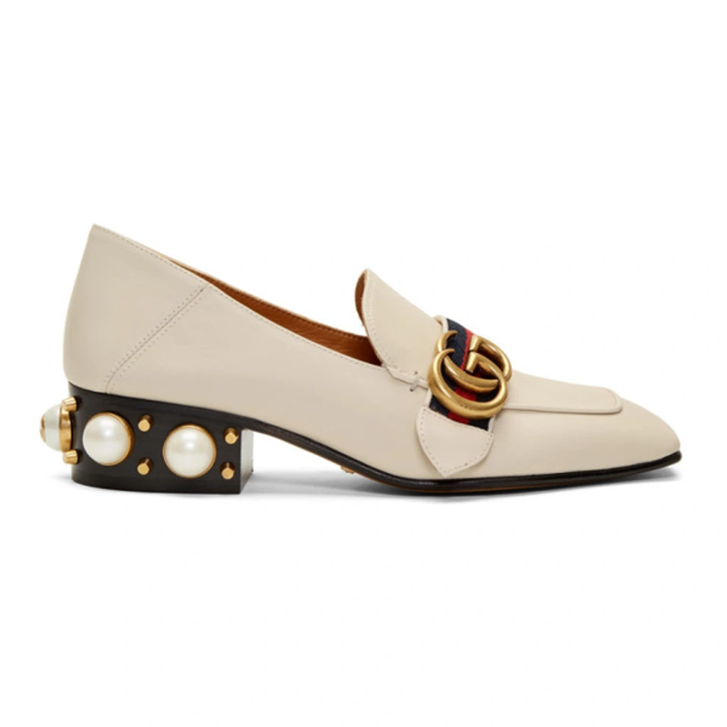 Gucci Logo And Faux Pearl embellished Leather Collapsible heel Pumps In Blue gold Tone red white ModeSens