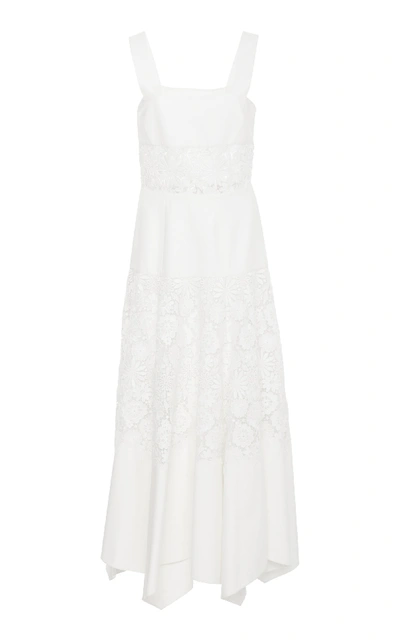 Rosie Assoulin Asymmetric Guipure Lace-paneled Cotton Midi Dress In White