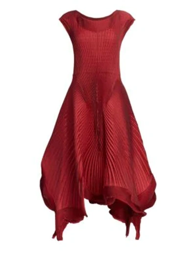 Issey Miyake Pleated Petal Georgette A-line Dress In Red