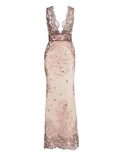 Gustavo Cadile Sleeveless Embroidered Lace Gown In Blush