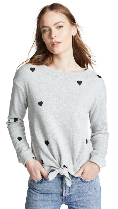 Generation Love Melissa Crewneck Long-sleeve Top W/ Hearts & Self-tie Hem In Heather Grey