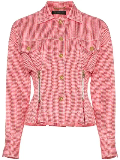 Versace Check Print Zip Detail Cropped Jacket In Red