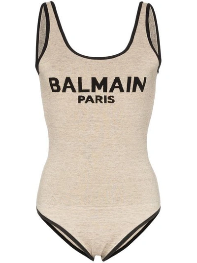 Balmain Sleeveless Logo Intarsia Linen Blend Body In Gba Beig