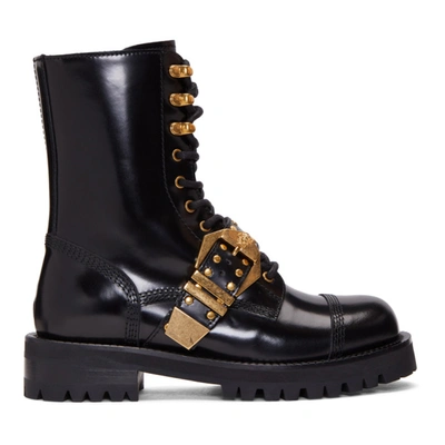 Versace Studded Belt Leather Brogued Boots In Black