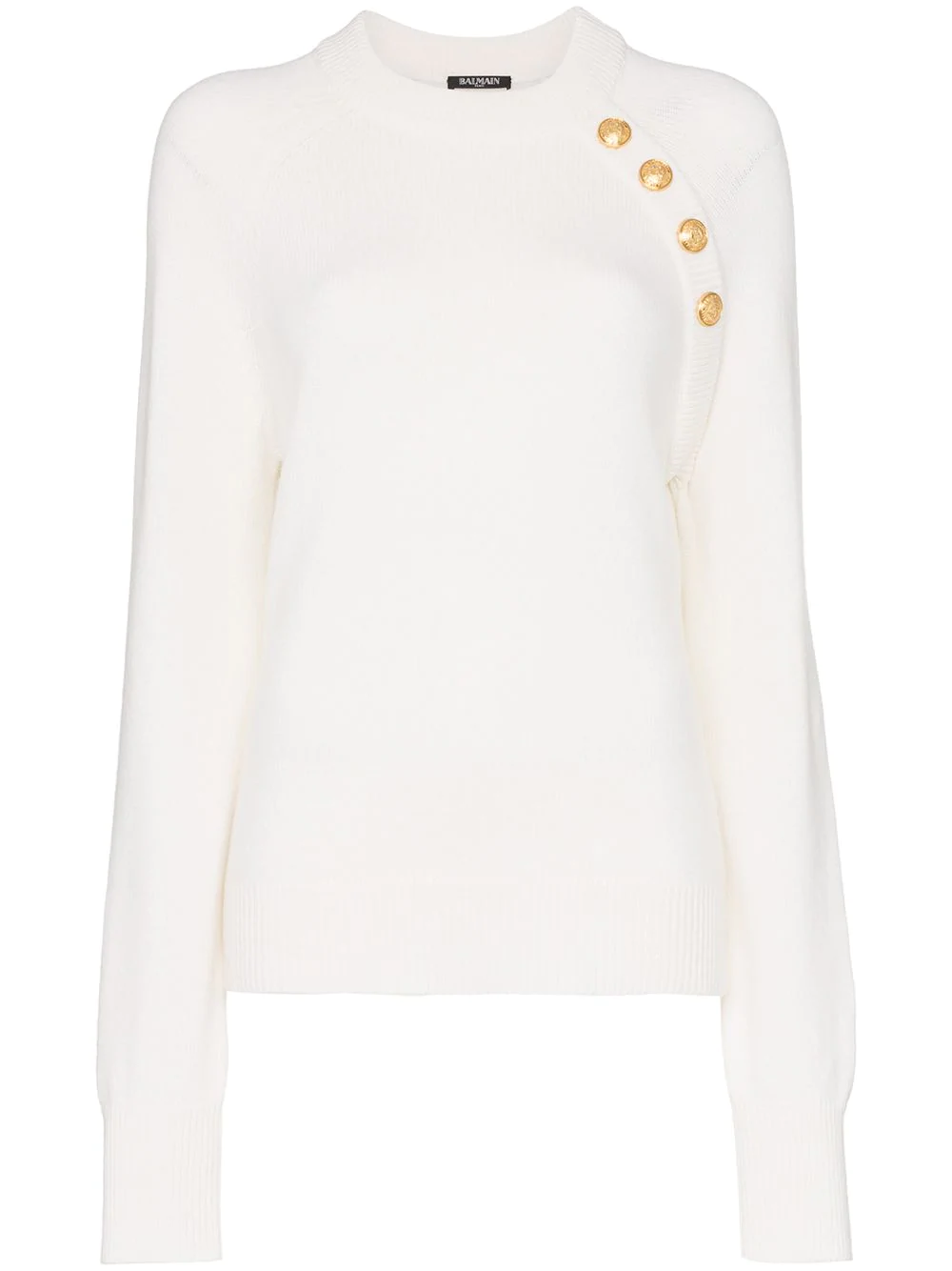 Balmain Long-Sleeved Knitted Cashmere Gold Button Sweater - White ...