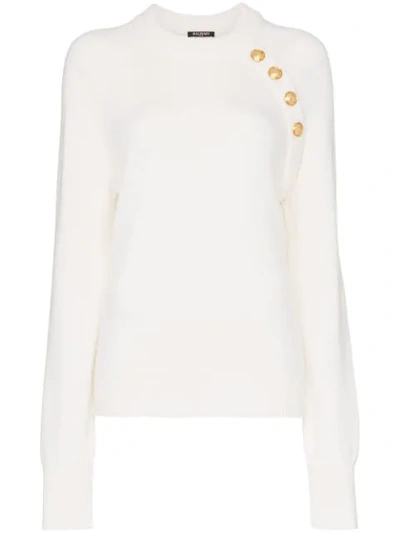 Balmain Long-sleeved Knitted Cashmere Gold Button Sweater In White