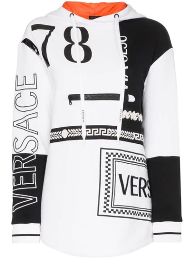 Versace Front Zip Detail Logo Drawstring Hoodie In White