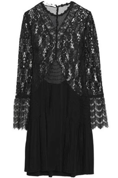 Givenchy Woman Chantilly Lace And Pleated Silk Crepe De Chine Mini Dress Black