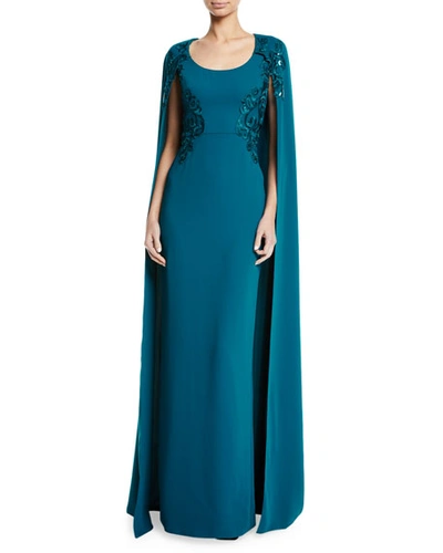 Marchesa Notte Embroidered Scoop-neck Cape Gown In Teal
