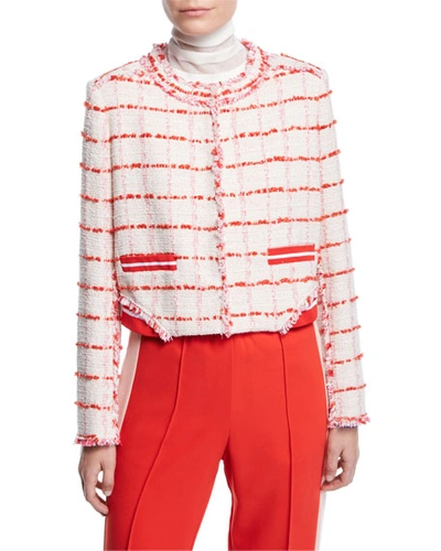 Pinko Cropped Check Frayed Boucle Jacket In White/red