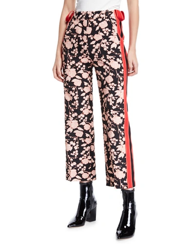 Pinko Floral-print Sporty Side-stripe Ankle Pants In Black Pattern