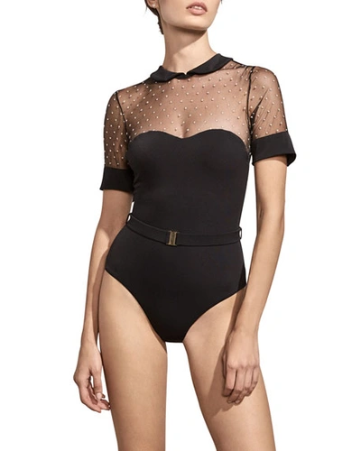 Amaio Swim Penelope Embroidered Mesh Maillot Swimsuit In Black