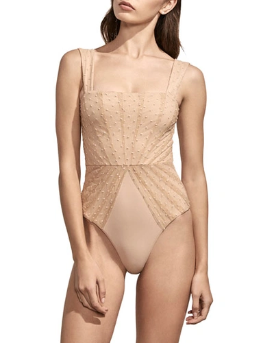 Amaio Swim Avril Pleated-mesh Maillot, Ivory In Nude