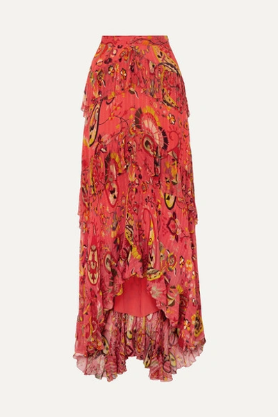 Etro Asymmetric Ruffled Printed Silk-crepon Maxi Skirt In Orange