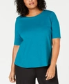 Eileen Fisher Plus Size Organic Cotton Elbow-sleeve Top In Teal