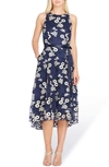 Tahari Floral Embroidered Dress In Navy/ Gold