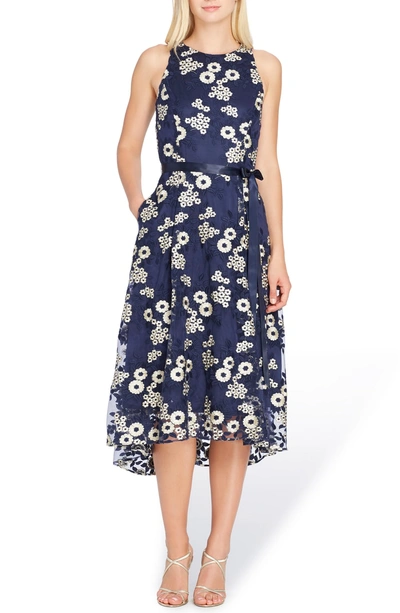 Tahari Floral Embroidered Dress In Navy/ Gold
