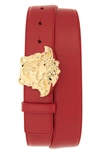 Versace Medusa Head Leather Belt In Geranium Warm Gold