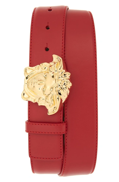 Versace Medusa Head Leather Belt In Geranium Warm Gold