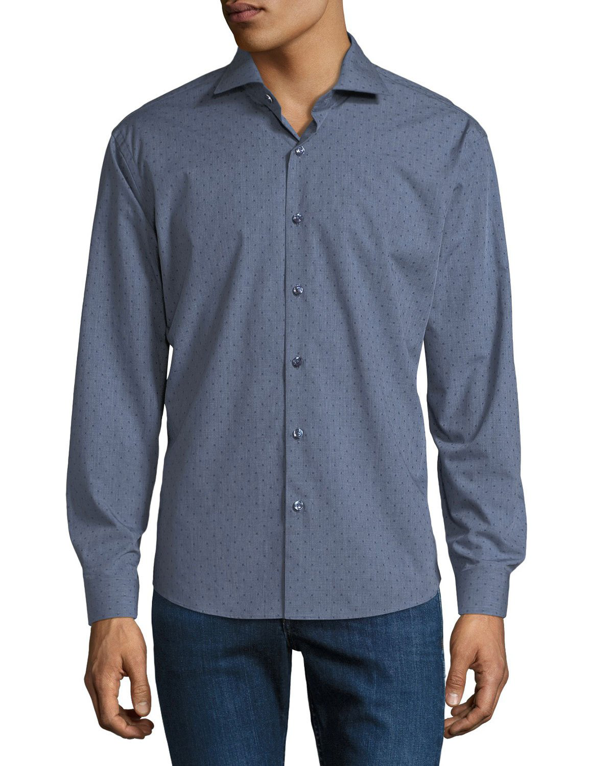Neiman Marcus Men's Slim-Fit Wear-It-Out Textured Sport Shirt In Blue
