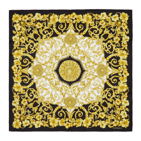Versace | Gold Hibiscus 90x90 Printed Scarf In Multicolored Silk | ModeSens
