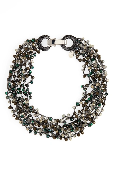Stella & Ruby Crochet Beaded Collar Necklace In Silver/ Green