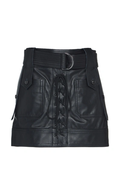 Dundas Belted Lace-up Leather Mini Skirt In Black