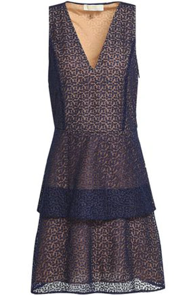 Michael Michael Kors Tiered Embroidered Tulle Mini Dress In Navy