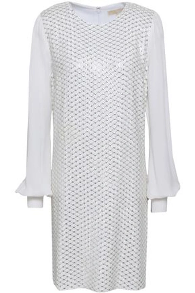 Michael Michael Kors Leather-trimmed Embellished Georgette Mini Dress In White