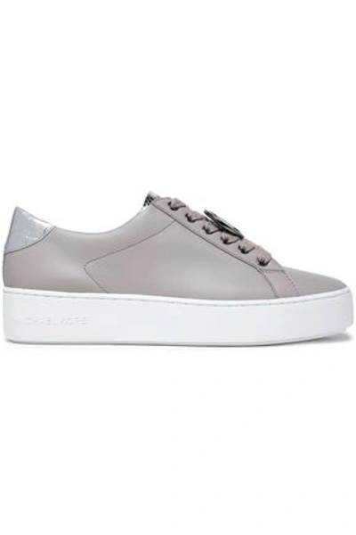 Michael Michael Kors Woman Smooth And Metallic Snake-effect Leather Sneakers Stone In Gray