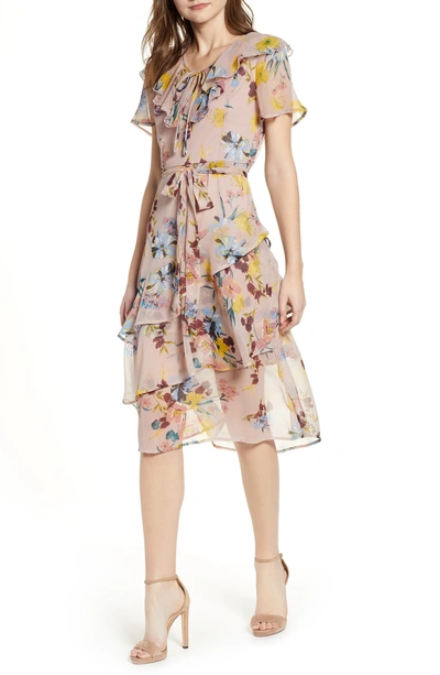 Band Of Gypsies Sunny Floral Print Dress In Blush/ Blue