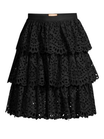 Michael Kors Tiered Floral Eyelet Skirt In Black