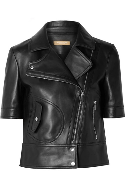 Michael Kors Short-sleeve Plonge Leather Moto Jacket In Black