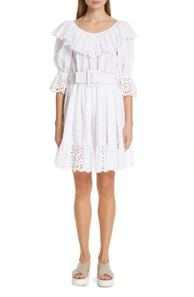 Michael Kors Eyelet-embroidered Long-sleeve Dirndle Dress In Optic White