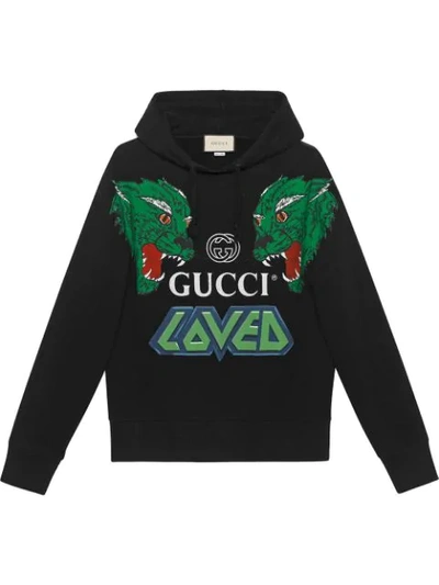 Gucci Tiger-print Cotton Hooded Sweatshirt In Black