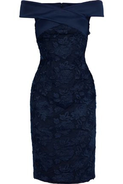 Black Halo Woman Leone Off-the-shoulder Satin-trimmed Embroidered Tulle Dress Navy